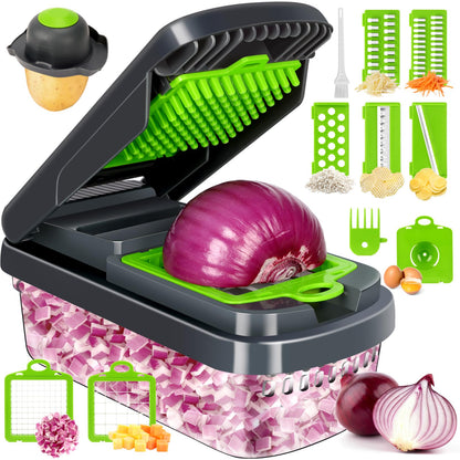 Yusshn Vegetable Chopper,12-in-1 Multifunctional Food Chopper,Professional Onion Chopper with 7 Blades,Vegetable Cutter with Container for Salad,Potato,Carrot,and Garlic; Essential Kitchen Tool(Grey)
