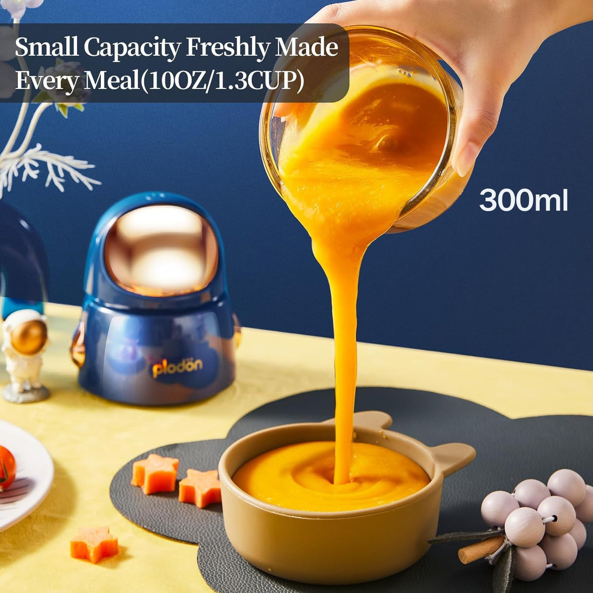 Plodon Baby Food Maker Mini Cute and Small Food Processor Puree Blender Grinder Chopper 300ml Cup Glass Bowl with 8 Blade Electric (Spaceman-Blue)