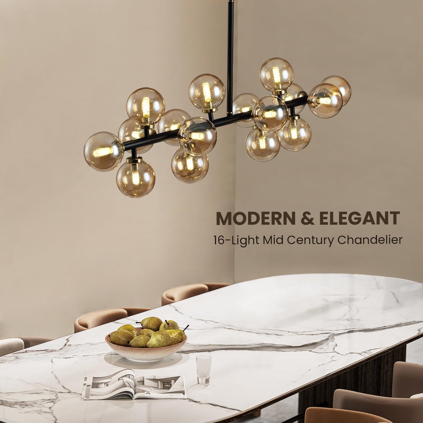 APBEAMLighting Mid Century Modern Chandeliers for Dining Room, 39" Linear Pendant Light Fixtures with Amber Glass Globe, 16-Light Sputnik Hanging Light for Living Room Kitchen Island