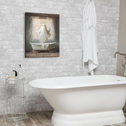 Funny Ghost Bathroom Canvas Wall Art - White Ghost Picture for Farmhouse Bathroom Decor, Framed 12"x16"