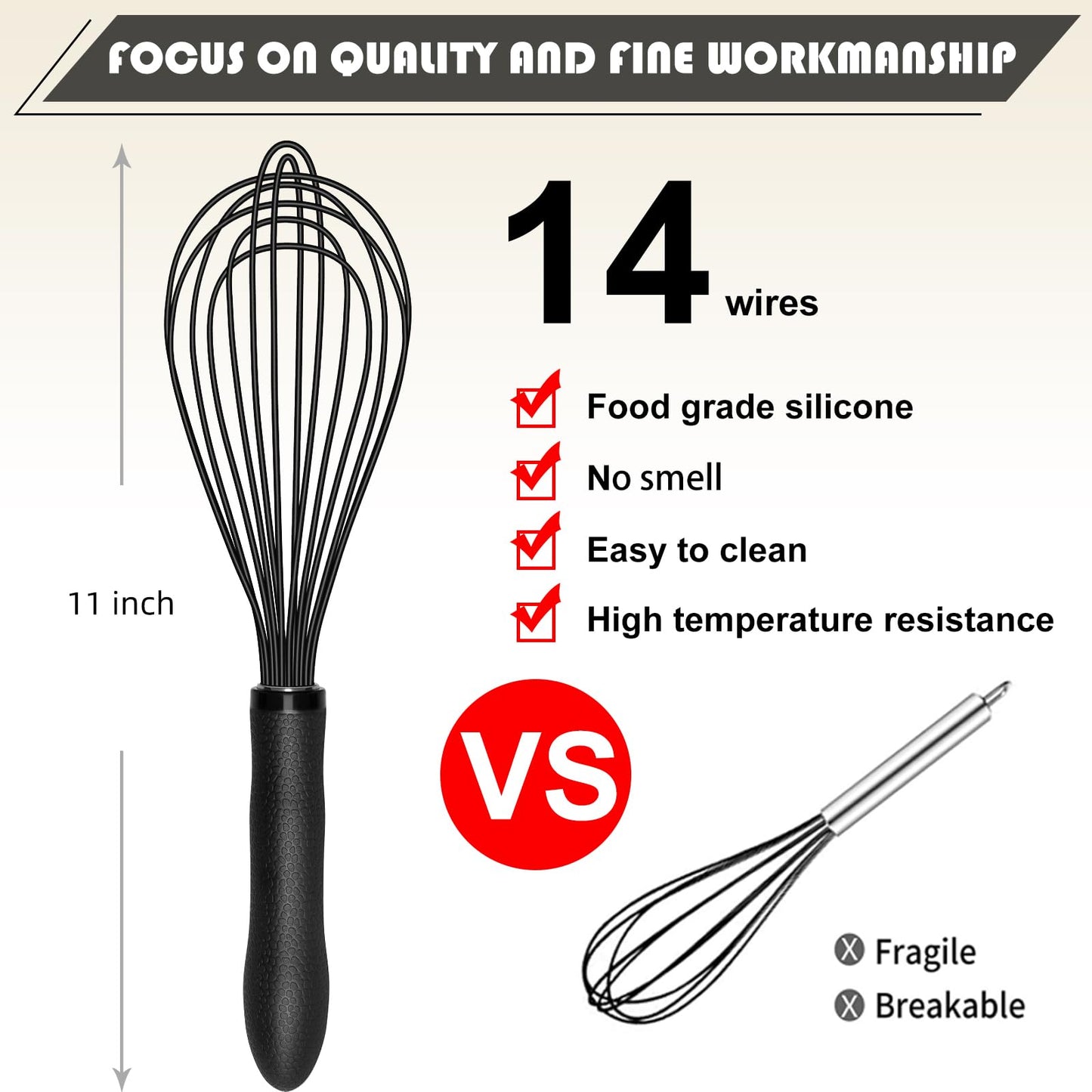 TEEVEA Silicone Whisk Stainless Steel Heat Resistant Non Scratch Kitchen Cooking Utensil for Blending Whisking Beating Frothing Stirring 11 Inch Black