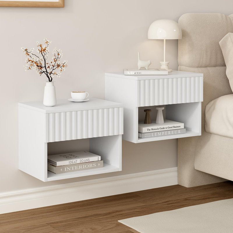 AURINEST Floating Nightstand Set of 2, Modern Wall Mounted Bedside Tables with Fluted Drawer, Night Stand Small End Table with Open Storage Shelf for Bedroom, Living Room, Small Spaces, White