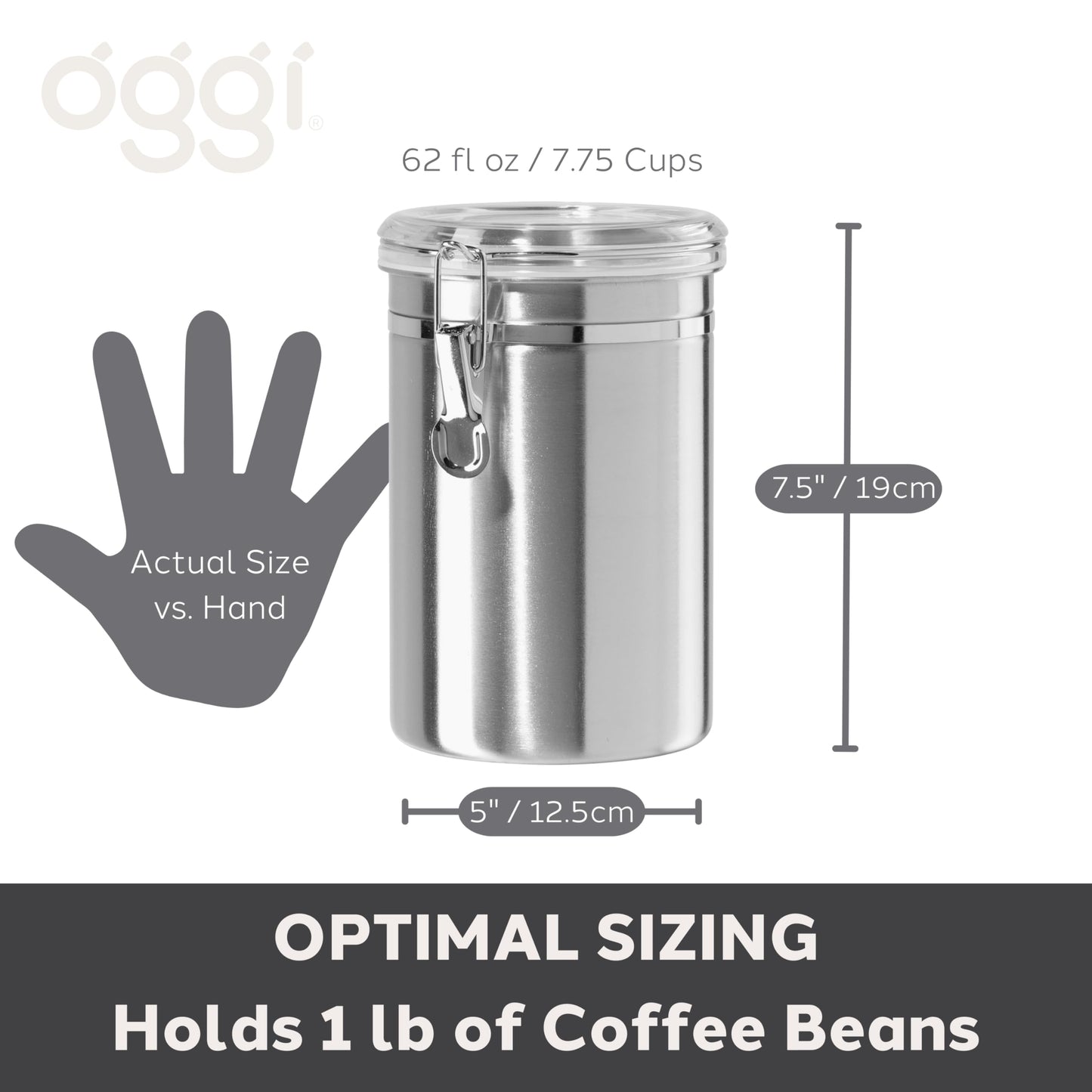 Oggi Stainless Steel Kitchen Canister 62 fl oz - Airtight Clamp Lid, Clear See-Thru Top - Ideal for Kitchen Storage, Food Storage, Pantry Storage. Large Size 5" x 7.5".