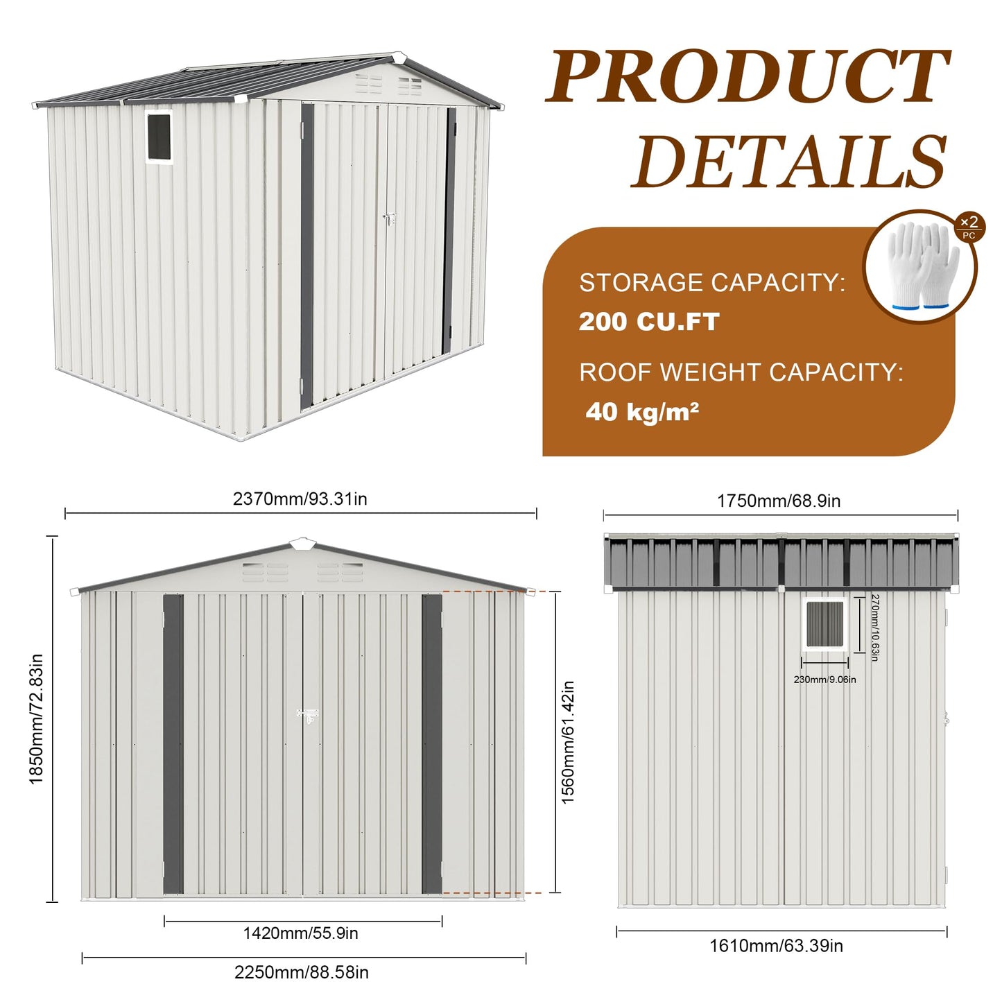 Vigo huseeo 8x5.7x6FT Storage Shed, Outdoor Galvanized Steel Garden Shed with Lockable Door & Window, Waterproof Metal Tool Storage for Garden, Backyard, Patio, Lawn