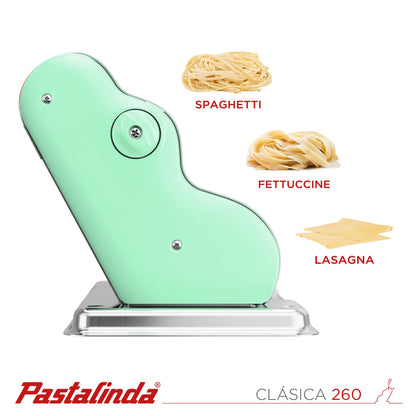 PASTALINDA Classic 260 Pasta Maker Machine, 26 cm Wide Rollers, 9 Thickness Positions, 2 Cutting Positions, Stainless Steel. Includes Reinforced Hand Crank And Two Clamps (Pastel Green)