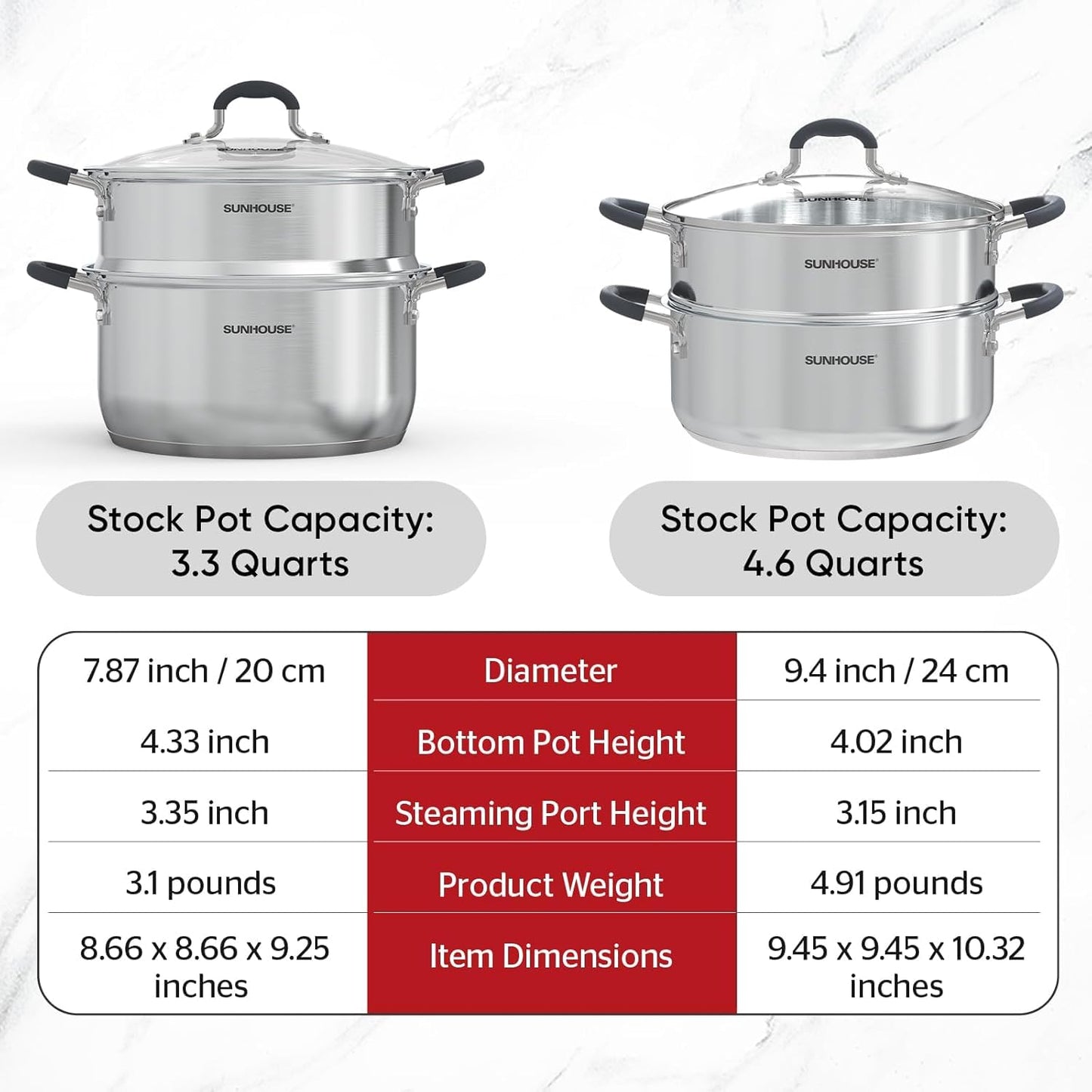 SUNHOUSE - 4.6 Quart Steamer Pots with Lid 2-Tier Multipurpose Stainless Steel Steaming Pot Cookware with Handle for Vegetable, Dumpling, Sauce, Food - Triple Bottom, Measurement Line