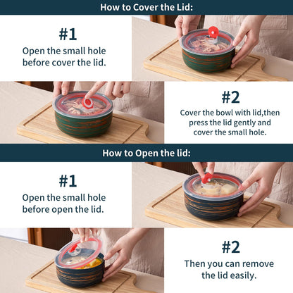 YUN TAO 23 oz Ceramic Bowls with Lids (Set of 4), 6 Inch Airtight Food Storage Containers for Kitchen, Microwave & Oven Safe - Ideal for Cereal, Soup, Salad, Pasta, Ramen
