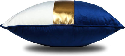 Navy Blue Beige Gold Leather Patchwork Velvet Throw Pillow Cover, Set of 2 Luxury Modern Home Decor Cushion Cover 12x20