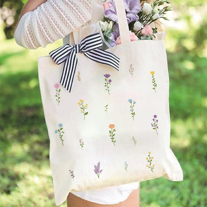 Kazova Floral Cotton Canvas Tote Bag, Aesthetic Flower Tote Minimalist Reusable Bag with Handles