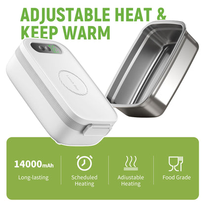 AmaCielo Cordless Electric Lunch Box, 14000mAh Rechargeable Heating Lunch Box with Large Bag for Adults, 1L Portable Self-Heating Food Warmer for Work, Office, Car, Travel, Picnic & Outdoor