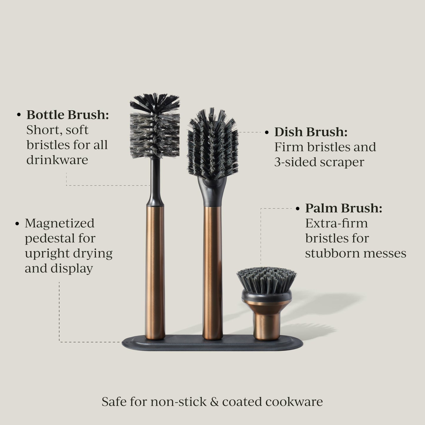 Curio Home Goods Ionic Brush Set, Magnetized to Stand Upright, Stainless Steel with Replaceable Heads, Bronze