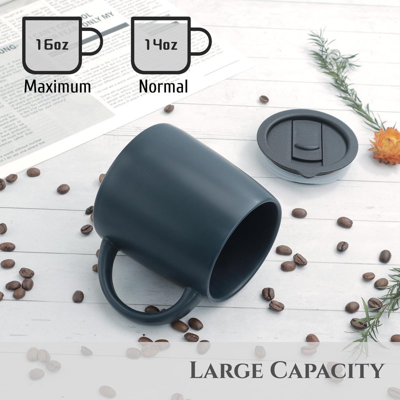 LINVIA Classic Mug, 14 oz Large Coffee Mug with Handle, Ceramic Porcelain Tea Cup, Smooth Matte (Sliding Lid, Navy Blue)