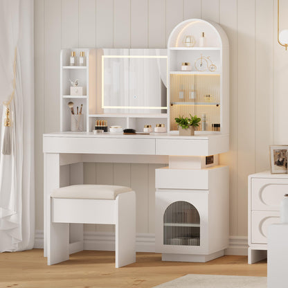 Garvee Vanity Desk with Mirror, LED Lights and Power Outlet Makeup Vanity Table with 3 Drawers and 11 Storage Shelves Dressing Table Set for Bedroom Dressing Room