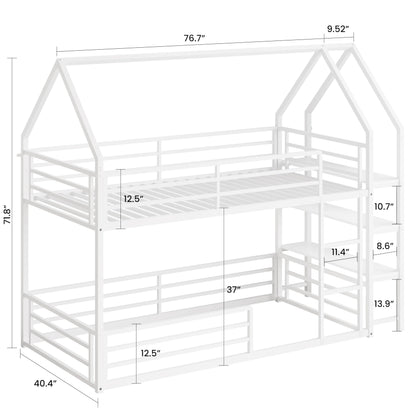 LIKIMIO Bunk Bed Twin Over Twin, Twin Bunk Beds Frame with 3-Tier Storage Bookshelf, Metal Twin House Bed Ladder and Safety Guardrail, Space Saving for Apartment or Dorm, No Box Spring Needed, White