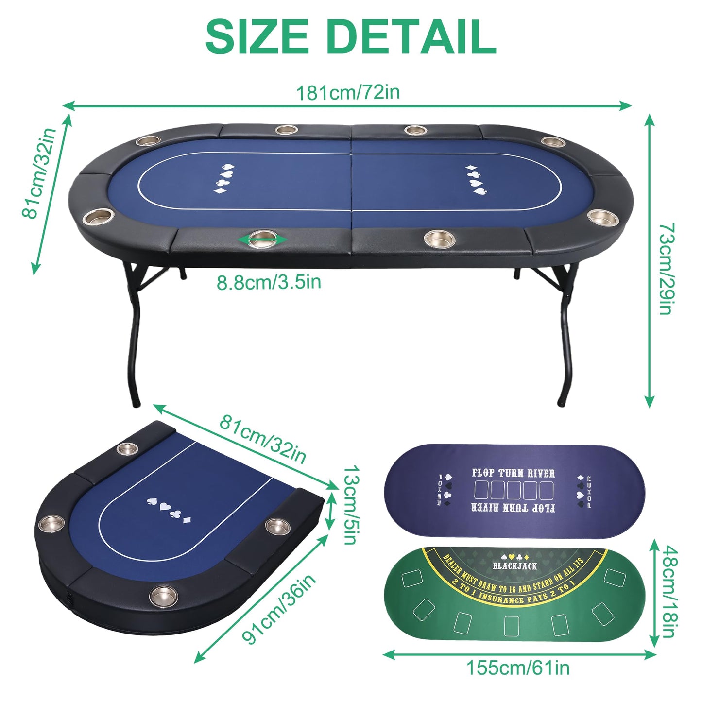 LaiSeeCian 8 Players Foldable Poker Table with Cup Holders, Collapsible Texas Holdem Poker Table with Reversible Game Mat, Suitable for Home Party, Casino, Poker Night, etc.