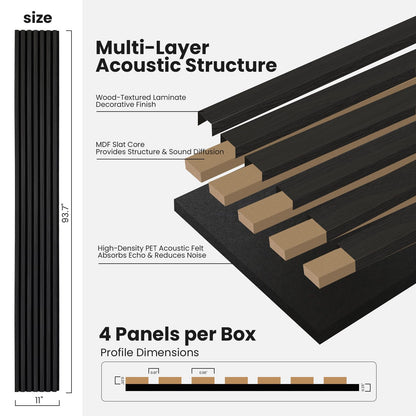 Wood Slat Wall Panels - 4 Pack 93.7" × 11" - Acoustic Panels Noise Reduction for Home Office Studio, 3D Fluted Sound Dampening Absorbing Panels, Matte Black