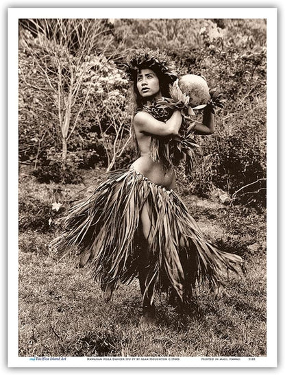 Hawaiian Hula Dancer Ipu (Gourd Drum) IV - Vintage B&W Photograph by Alan Houghton c.1960s - Master Art Print 9in x 12in