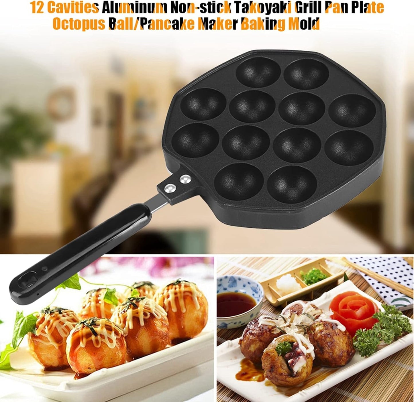 Home 12 Cavity Octopus Grilling Pan, Non Stick Pancake Maker for Takoyaki and Dessert Cakes