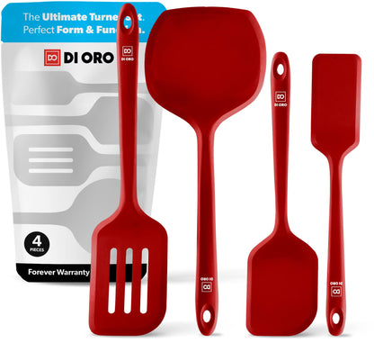 New DI ORO Seamless Series Moda 4-Piece Silicone Turner Spatula Set - 600°F Heat-Resistant Flexible Kitchen Spatulas for Nonstick Cookware - Flippers for Eggs & Pancakes - Utensils for Cooking (Red)