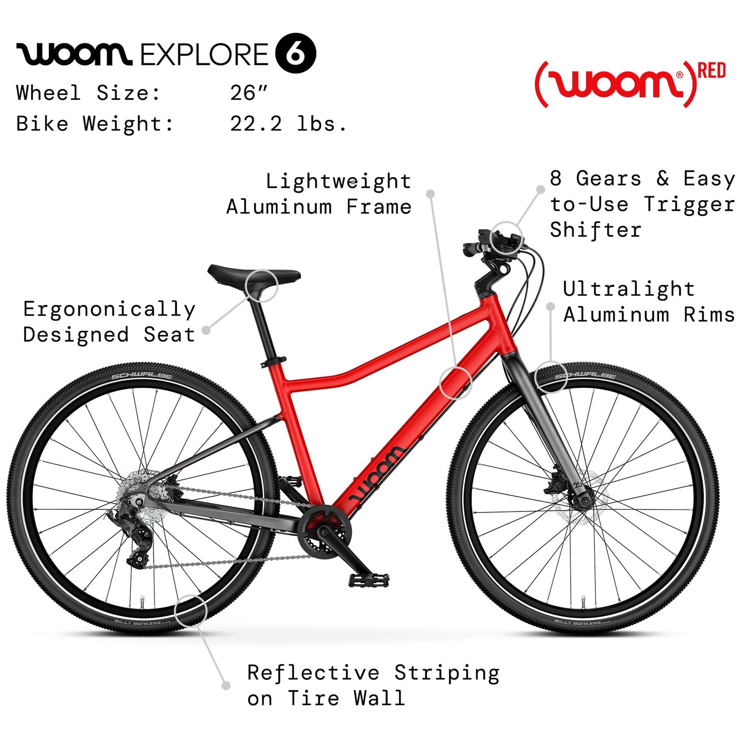 woom Explore 6 Bicycle for Kids & Teens 10 to 14 Years Old, 26-Inch Lightweight 8-Gear Road & Mountain Bike for Boys & Girls - Red
