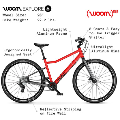 woom Explore 6 Bicycle for Kids & Teens 10 to 14 Years Old, 26-Inch Lightweight 8-Gear Road & Mountain Bike for Boys & Girls - Red