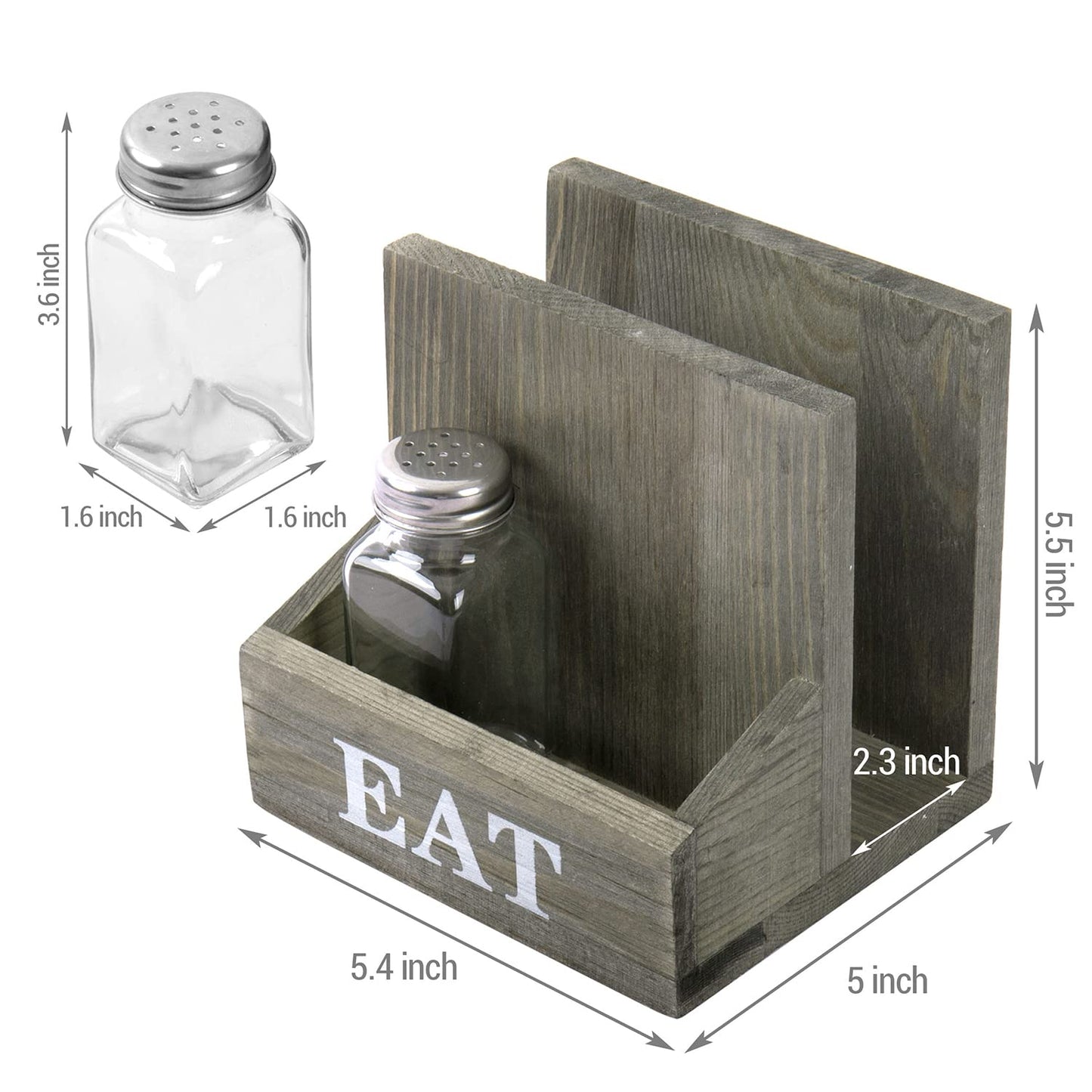 MyGift Napkin Holder with Salt and Pepper Shakers, Vintage Gray Solid Wood Table Napkin Holder, 2 Compartment Salt and Pepper Holder and Condiment Server with White EAT Label