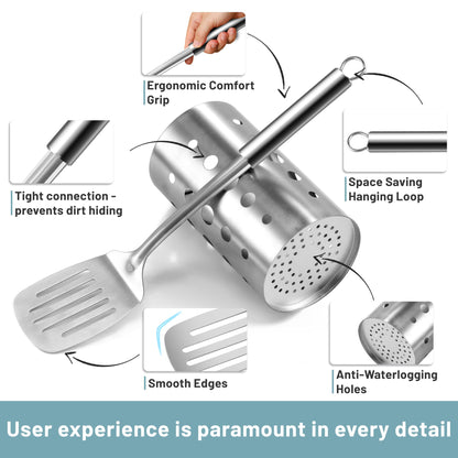 Pleafind Stainless Steel Cooking Utensils Set, 9 Pcs Heat Resistant Kitchen Utensils Set, Nonstick Kitchen Tools Set With Utensil Holder, Metal Spatula Set for Chef, Dishwasher Safe