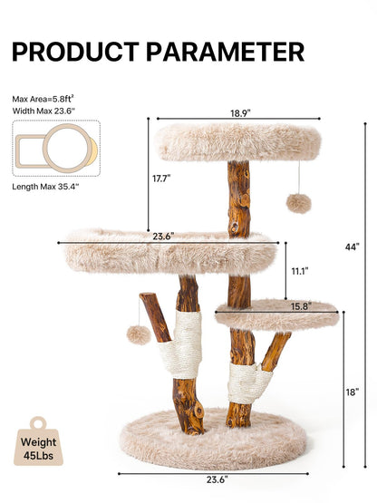 Aesthetic Cat Tree Tower for Large Cats, Large Cat Tree for Maine Coon Indoor Cats with Faux Fox Fur, Solid Wood Sisal Scratching Post, Perches, Platform & Toy Ball