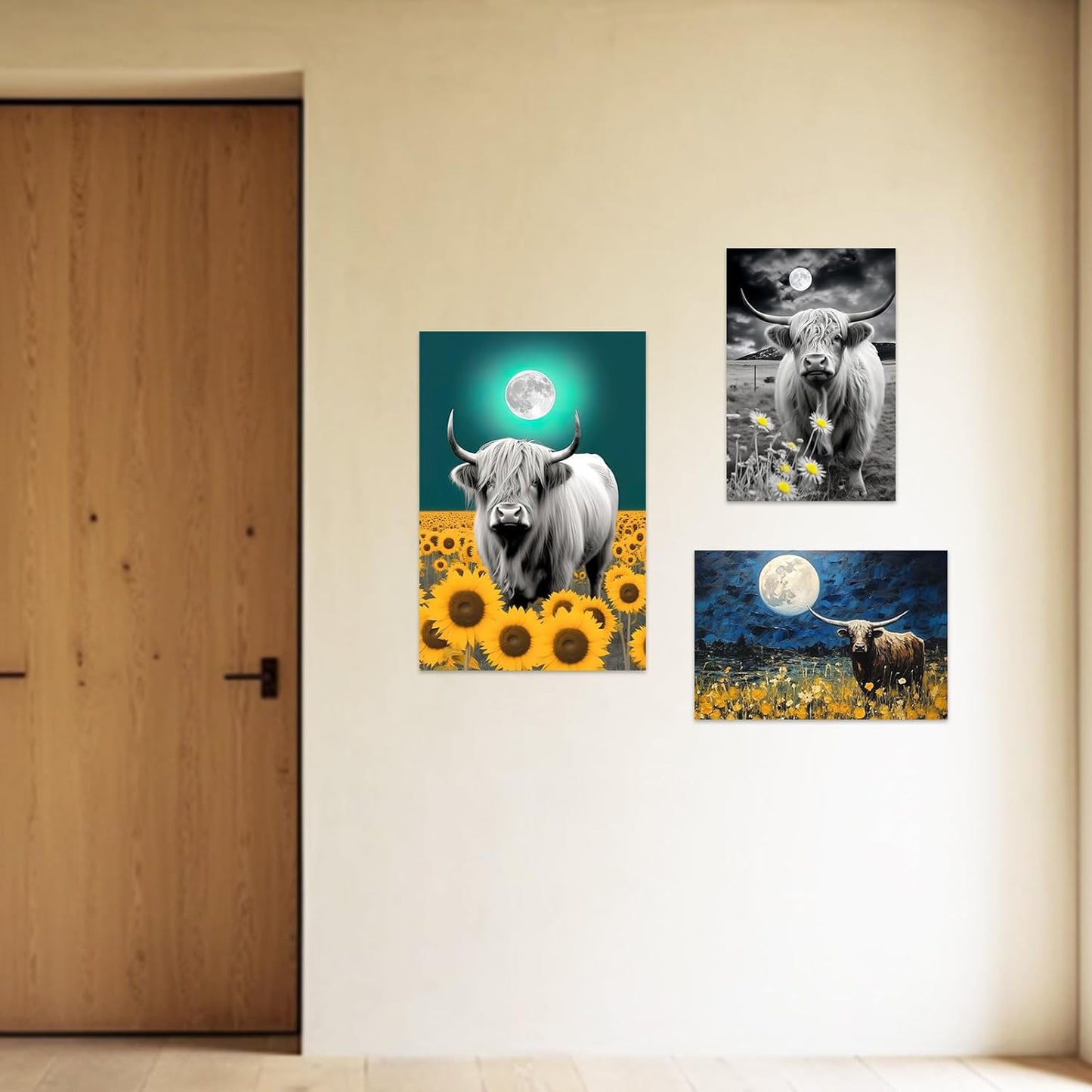 ZXHYWYM Highland Cow Canvas Wall Art, Black and White Cattle and Full Moon Pictures for Home Decor Framed 12" x 18"