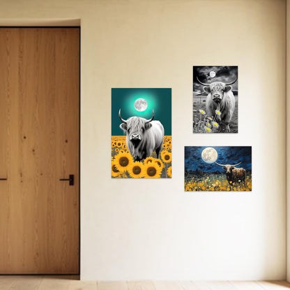ZXHYWYM Highland Cow Canvas Wall Art, Black and White Cattle and Full Moon Pictures for Home Decor Framed 12" x 18"