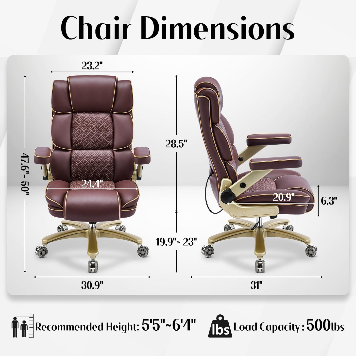 Heavy Duty Executive Leather Chair, Big and Tall Office Chair 500lbs with 5D Flip-up Armrests, Comfortable Seat, Adjustable Lumbar, High Back, Large Computer Desk Chair for Home Office, Brown