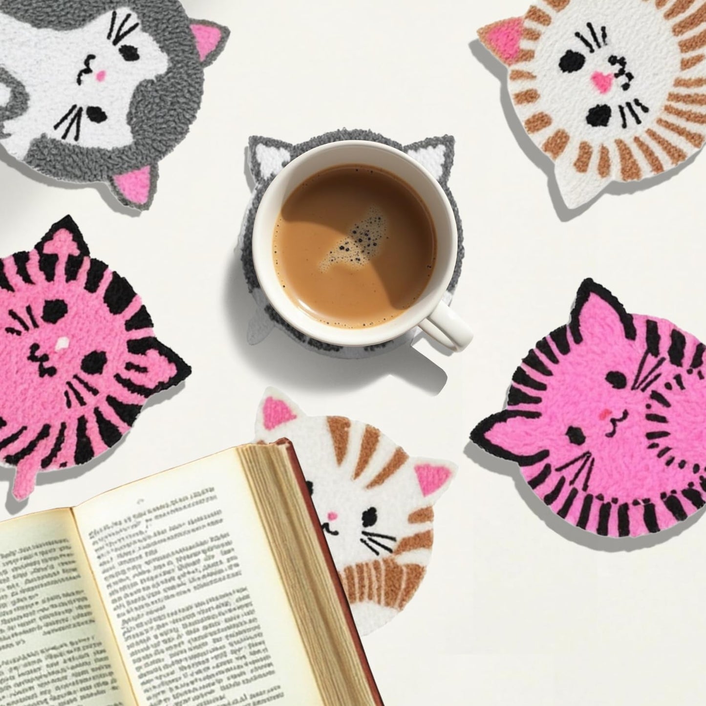57lilina Punch Needle Coaster Kit for Adults Beginners Kids, 6 Set Complete Animal Cat Punch Needle Stitching Embroidery Art Kit, Step-by-Step Guide Make Punch Needling Drink Coasters for Starter