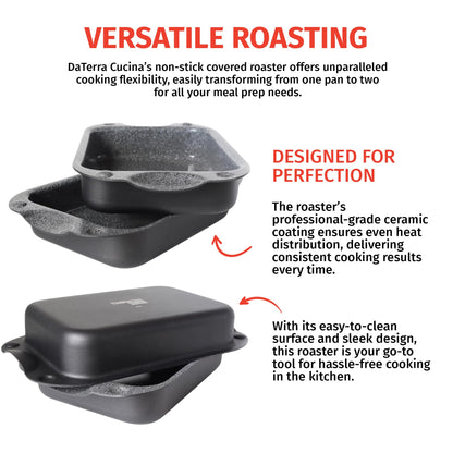 DaTerra Cucina - Nonstick Ceramic Coated Dual Roasting Pan Set – 2 Identical Pans, Oven Safe, Ideal for Roasting, Baking, Searing, Braising, Casseroles, Fits Most Toaster Ovens - 13 x 8 x 4.25