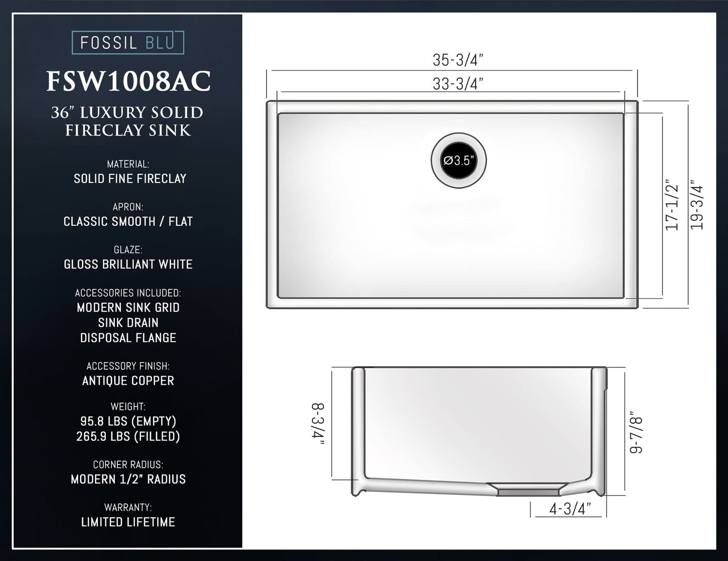 FSW1008AC LUXURY 36-INCH SOLID FIRECLAY FARMHOUSE SINK IN WHITE, ANTIQUE COPPER ACCS, FLAT FRONT