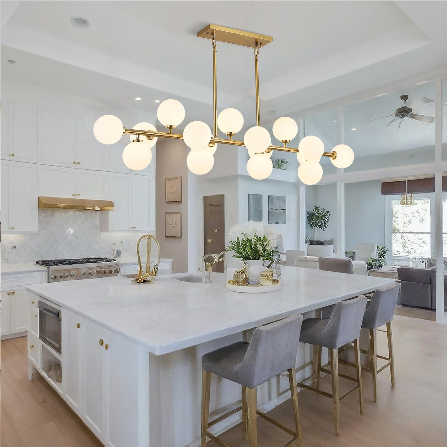 DUGHKUGH Mid Century Modern Chandelier 55in Linear Gold Pendant Lighting Fixture Linear Chandeliers for Kitchen Island, Dining Room 16-Light