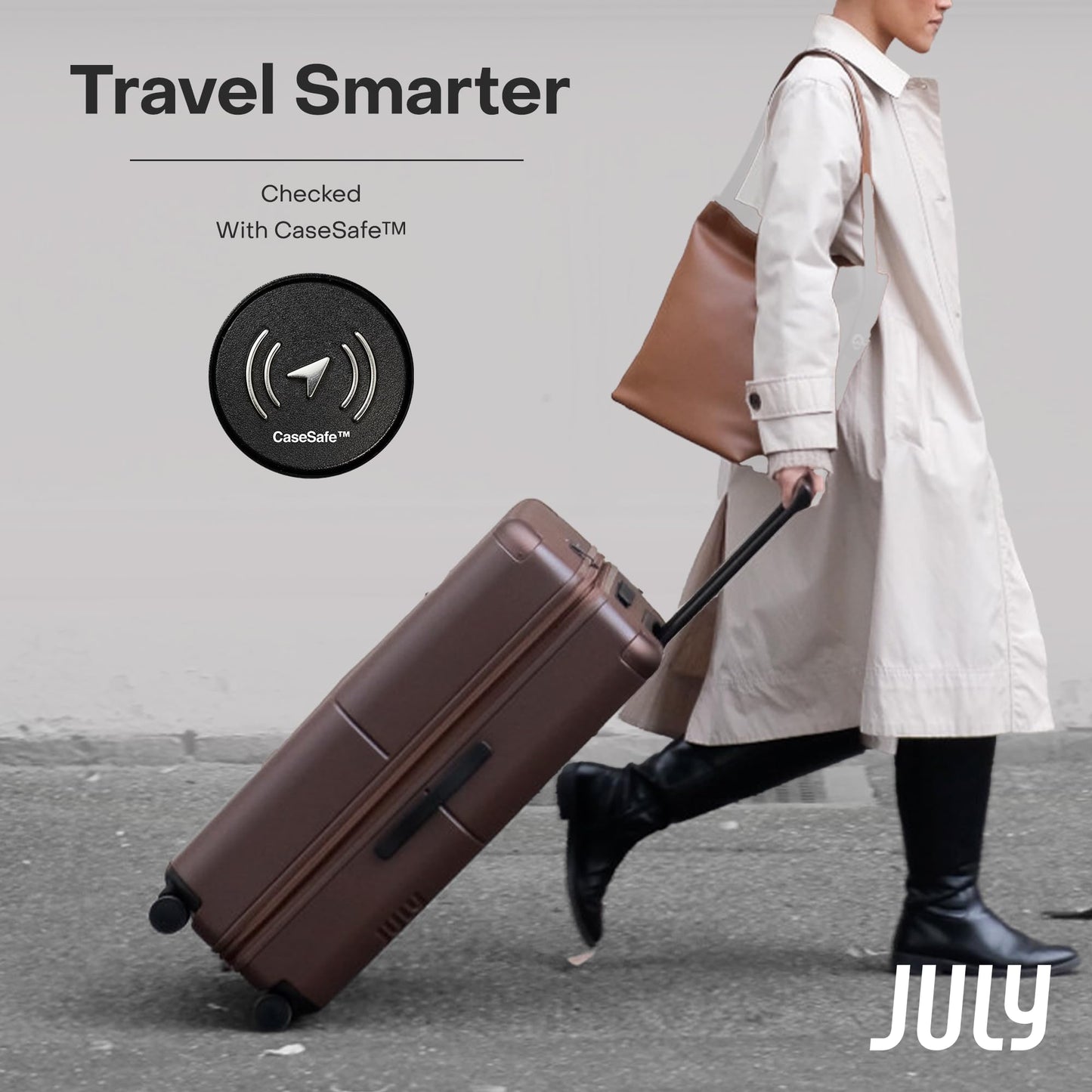 July Checked with CaseSafe - 24.5" Built in Tracking, Airline Approved Check In Luggage with Wheels, Spinner Suitcase for Men & Women - Rolling Suitcase, Spinner Wheels, Y-Strap - Dark Brown