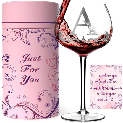 Mothers Day Gifts for Mom, Grandma, Wife - Personalized Initial A-Z Wine Glass Gifs for Women - Unique Birthday Gift for Her, Sister, Best Friend - 16oz Elegant Custom Monogram Glass (Letter A)