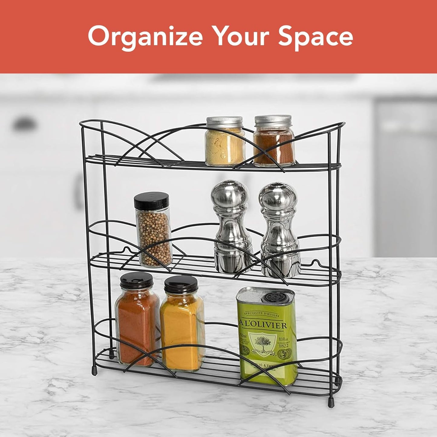 Spectrum Diversified 3-Tier Spice Rack Shelf Organizer for Kitchen, Pantry, Bathroom, or Closet, Black