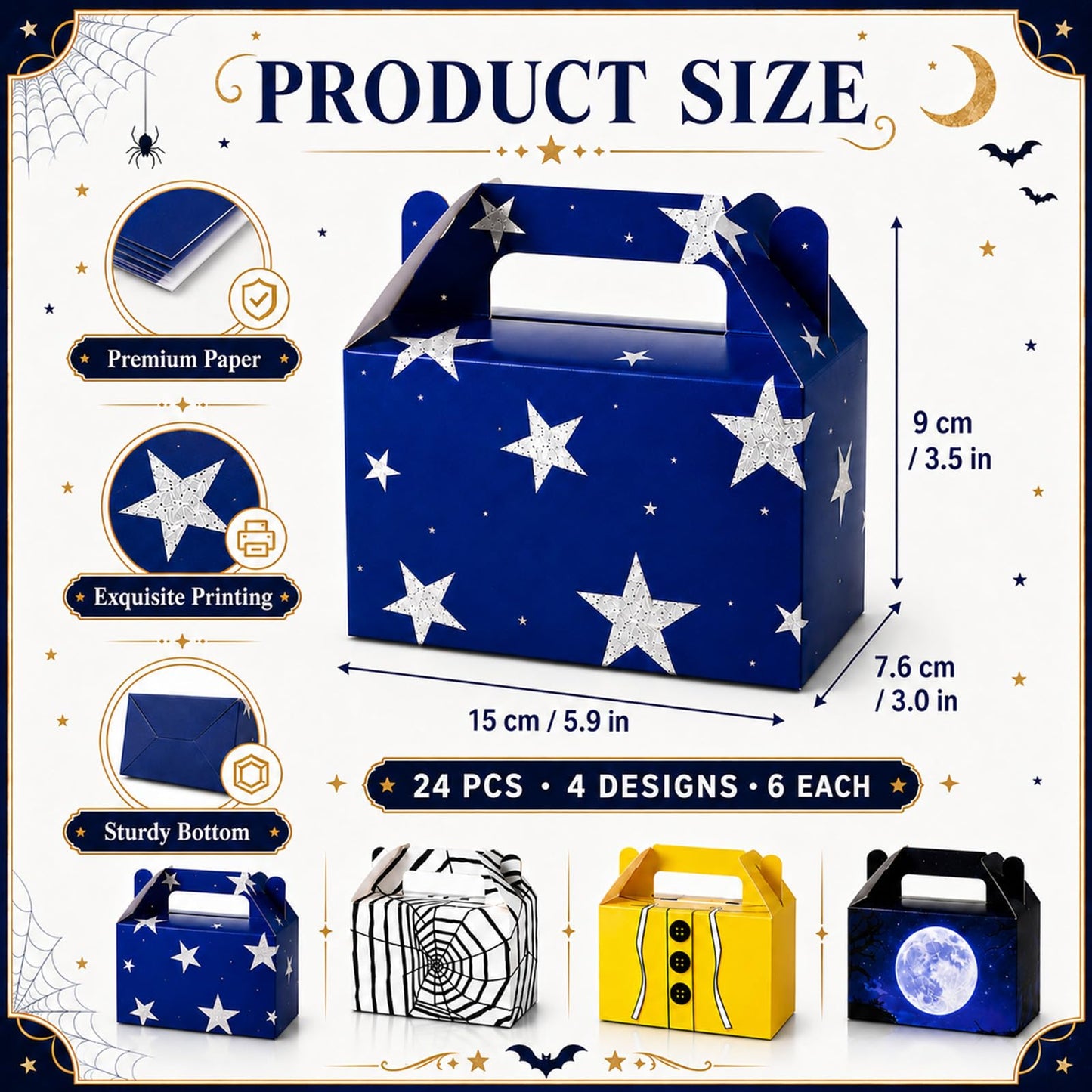 24 Pcs Spooky Themed Party Favor Boxes Cartoon Movie Theme Treat Paper Boxes Spider Star Moon Button Paper Box Halloween Supplies Spider Birthday Themed Favor Box for Celebration Party Supplies