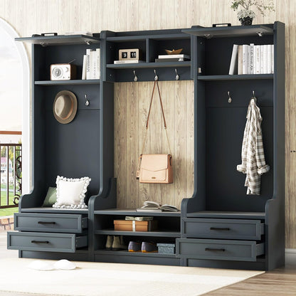 Hennhari 4-in-1 Detachable Entryway Hall Tree with Shoe Storage Bench, Mudroom Coat Rack with Drawers, Open Shelves and Hooks, Entryway Storage Cabinet for Hallway, Foyer (Antique Blue)