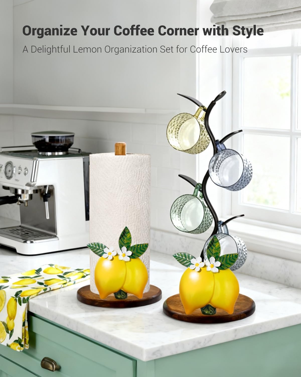 Lemon Paper Towel Holder, Yellow Lemon Kitchen Decor for Countertop, Gifts for Women, Wooden Stand with 3D Resin Fruit Accent, Non-Slip Base, Fits Standard & Jumbo Rolls