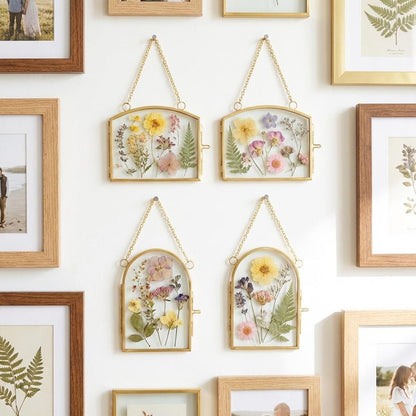 FOCHIER 4 Pcs Double Glass Frame for Pressed Flowers Floating Hanging Photo Frame 3x2 in Brass Clear Pressed Flower Decor with Chain for Display Gallery Artwork, Horizontal Vertical, Gold