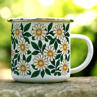 Floral Daisy Enamel Camping Coffee Mug, Nature Botanical Gift Cup for Women, Mom, Daughter (12oz)