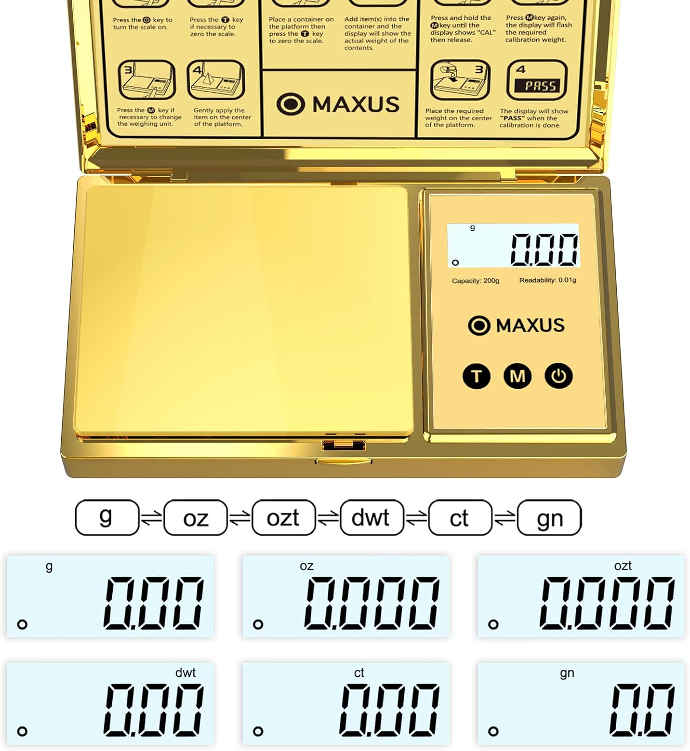 MAXUS Digital Gram Scale, 200g x 0.01g Capacity with Stylish Gold Plated Cover for Jewelry and Food Weighing