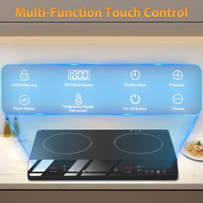 JollyOne Double Burner Induction Cooktop, 1800W Portable Induction Cooktop 2 Burner with 9 Temp & Power Independent Touch Control, Electric Stove Top Cooker with Safety Lock, 3 Hour Timer