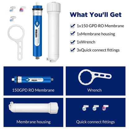 Membrane Solutions 150 GPD RO Membrane, Reverse Osmosis Membrane with Membrane Housing, Replacement for Under Sink Home Drinking RO Water Filter System, Wrench, 1/4" Quick-Connect Fittings,Check Valve