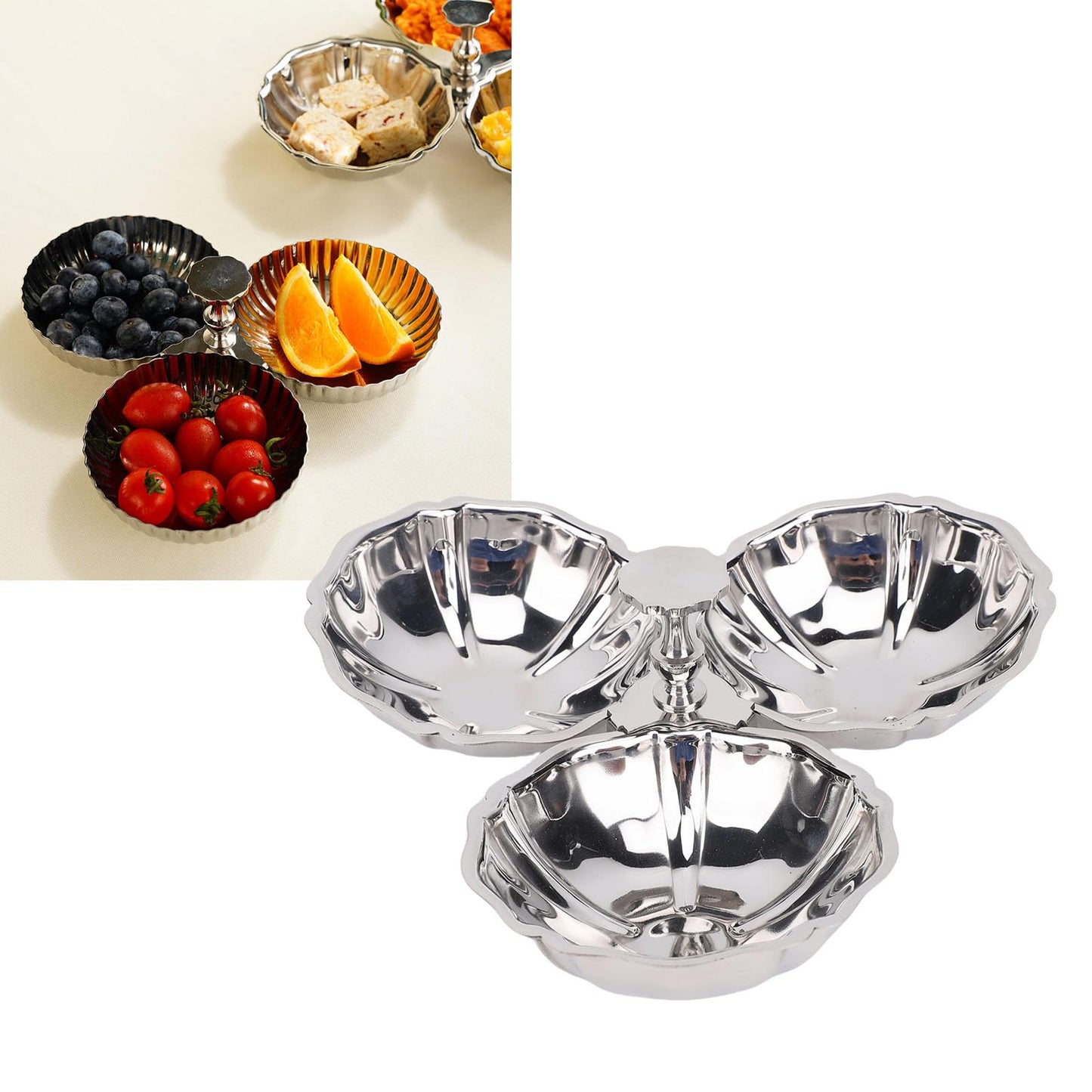 Nurnesy Stainless Steel 3 In 1 Serving Plate with Fruit Bowl, Snack Plate for Home Kitchen Party, Reusable Dessert Plates for Quick Cleanup, Ideal Present for Housewarming Parties