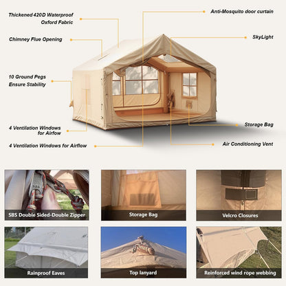 10' x 8' Inflatable Camping Tent for 6-8 People, 4 Season Blow up Tent with Rainfly, Easy Setup Air Pump, Waterproof pad, Luxury Inflatable Hot Tent with Stove Jack for Camping