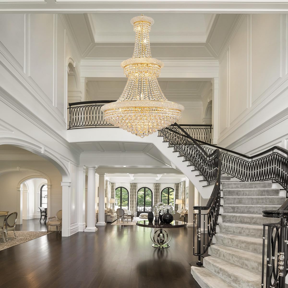 DUNFIZZ 19-Lights High Ceiling Chandelier Modern Gold Crystal Chandeliers Large Foyer Chandelier Fixtures for Staircase Living Room Hallway Entryway (H47 x W31.5)