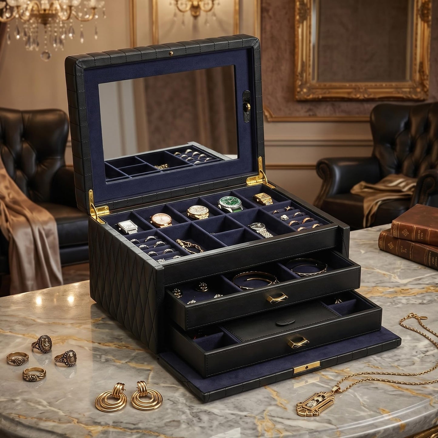 Homruilink Genuine Leather Jewelry Box - 3 Layer Large Jewelry Organizer with Mirror, Lockable Jewelry Box for Women - Necklace, Ring, Earring Organizer with Drawer - Ideal Gift (Black)